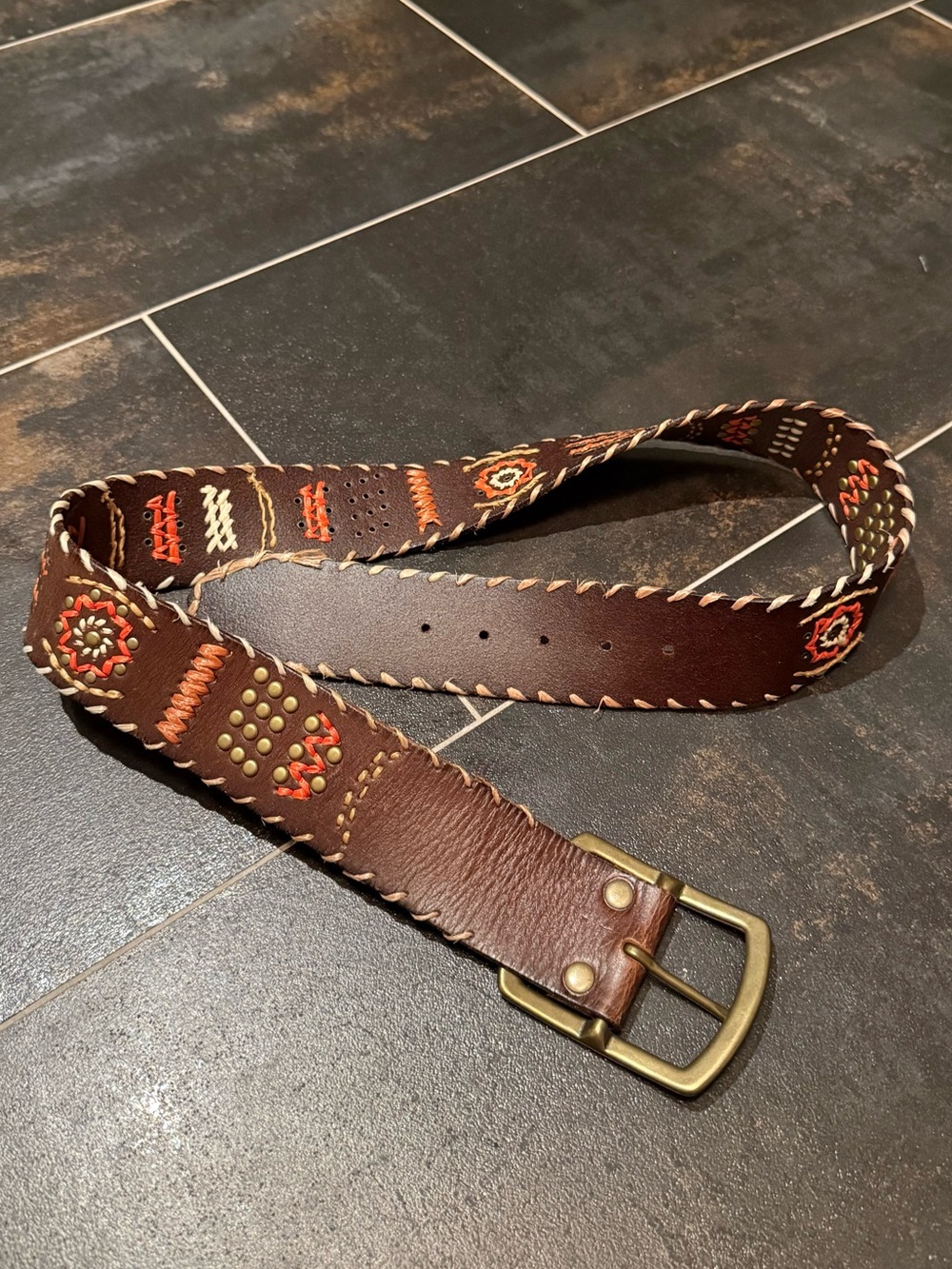 Vintage Linea Pelle Western-Style Embroidered Leather Belt W/ Brass Buckle